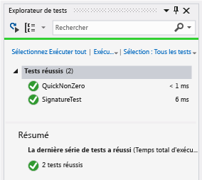 Explorateur de tests unitaires avec deux tests réussis