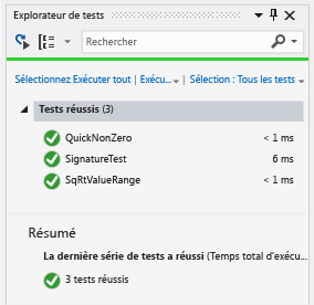 Explorateur de tests unitaires avec trois tests réussis
