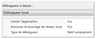 Page de propriétés de débogage C++