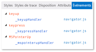 Onglet Événements de l'explorateur DOM