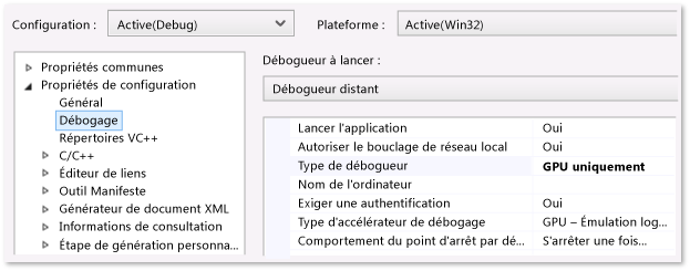 Page de propriétés de débogage de l'application Windows Store C++