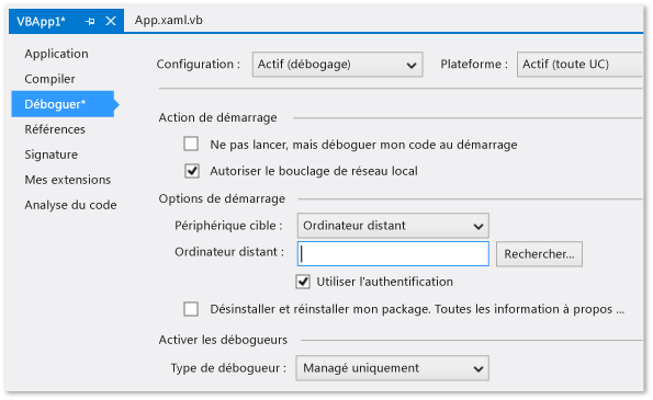 Page de propriétés du projet C# / VB