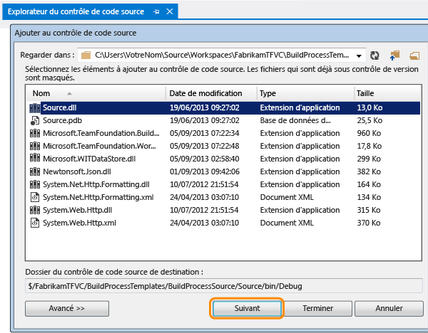 Ajouter le fichier binaire du processus de build au contrôle de version TFVC