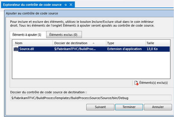 Ajouter le fichier binaire du processus de build au contrôle de version TFVC