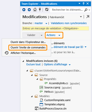 Ouvrir l'invite de commandes à partir de la page Modifications