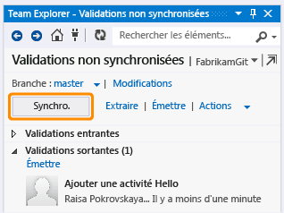 Bouton Synchronisation et lien Extraire dans la page Validations non synchronisées