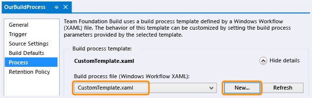 Définition de build avec modèle de processus personnalisé