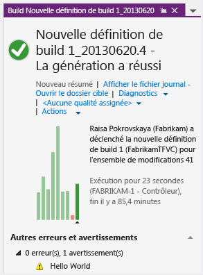 « Hello World » dans le résumé de la build