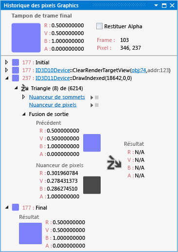 Pixel avec trois événements Direct3D dans son historique.