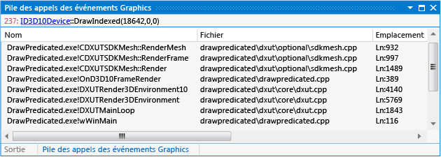 Pile des appels précédents un événement DrawIndexed.