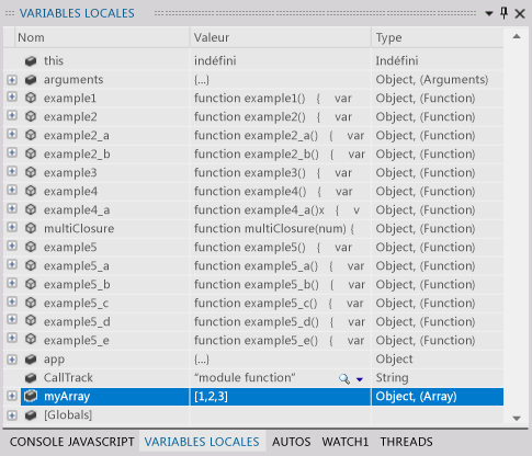 Fenêtre Variables locales