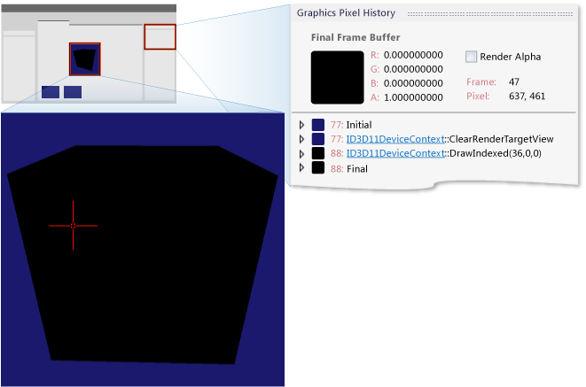 La sélection d'un pixel affiche des informations à propos de son historique.