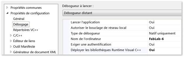 Propriétés du projet C++ pour le débogage distant