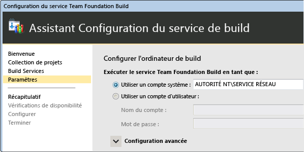 Paramètres de service de build