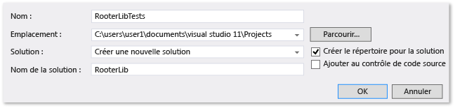 Spécifier la solution, le nom du projet et l'emplacement