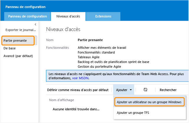 Niveau d'accès limité, Ajouter un utilisateur ou un groupe Windows