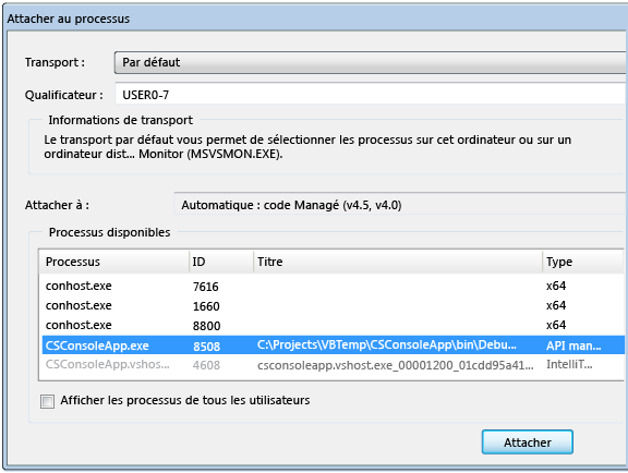 Boîte de dialogue Attacher au processus