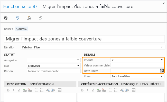 Formulaire d'élément de travail Fonctionnalité