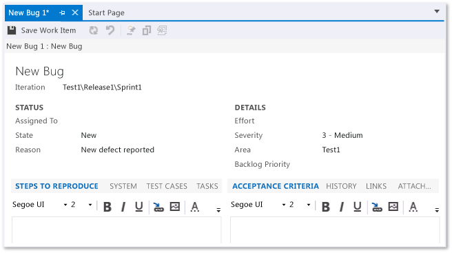 Formulaire Élément de travail Bogue pour le modèle de processus Scrum