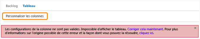 Le message d'erreur indique que la personnalisation des colonnes est requise