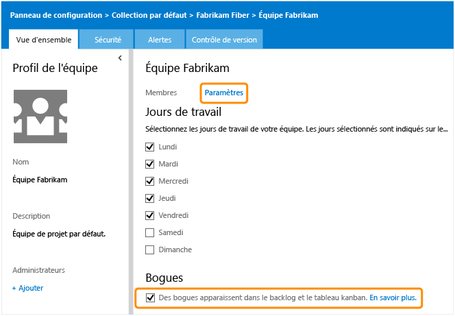 Page Paramètres de l'équipe, suivre les bogues dans le Backlog