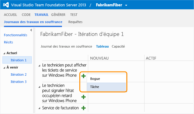 Tableau de tâches avec ajout d'un type d'élément de travail Bogue