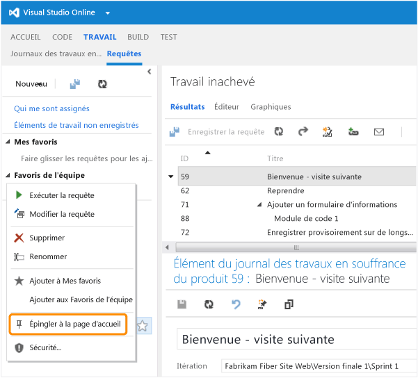 Option Épingler à la page d'accueil sélectionnée dans le menu contextuel d'une requête