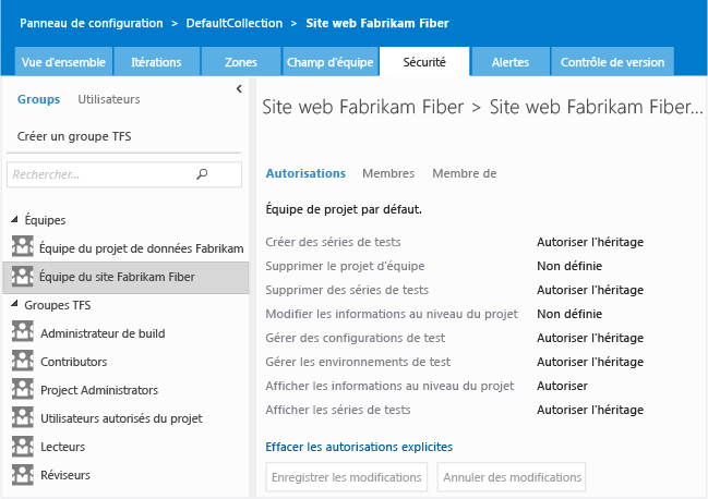 Autorisations par défaut des membres de l'équipe