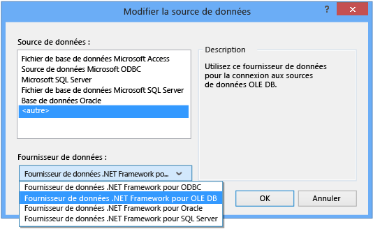 Choisir le fournisseur de données OLE DB
