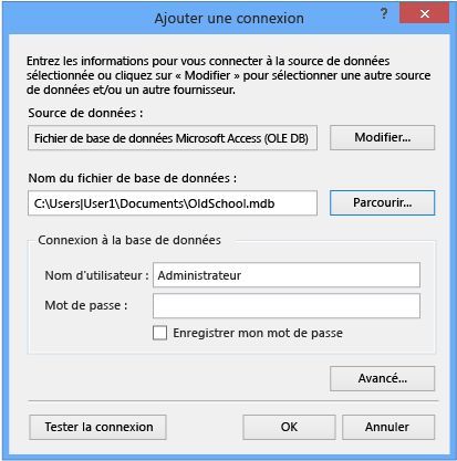 Ajouter une connexion à un fichier de base de données Access