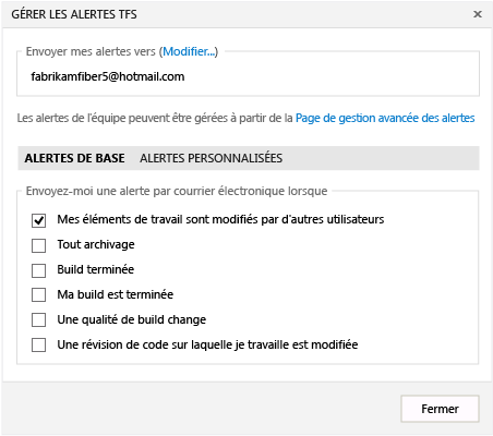 Gérer les alertes TFS