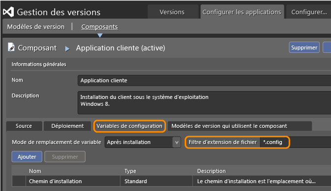 Composant, onglet Variables de configuration