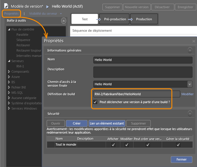 Page Propriétés pour un modèle de version