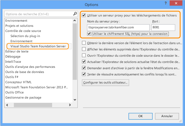 Page de configuration de proxy TFVC VS, boîte de dialogue Options