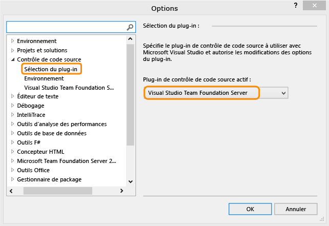 Page Sélection du plug-in, boîte de dialogue Options