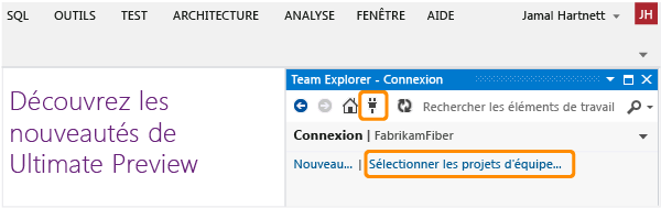 Select team project link on the Connect page in Team Explorer