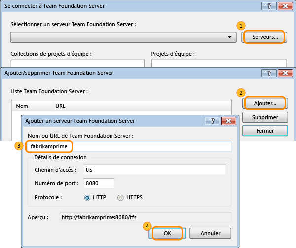 Servers button on the Connect to Team Foundation Server dialog box. Add button on the Add/Remove TFS. Name of server in the Add TFS dialog box. OK button.