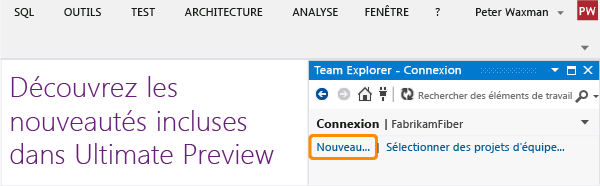 Lien Nouveau dans la page de connexion (Team Explorer)