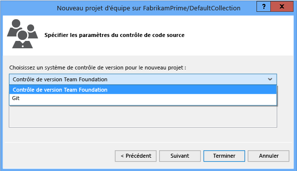 Specify Source Control Settings page in the New Team Project dialog box