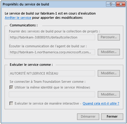 Boîte de dialogue Propriétés du service de build