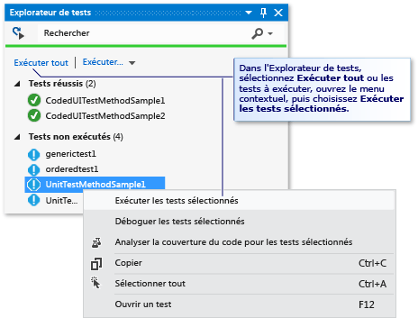 Explorateur de tests unitaires exécutant des tests automatisés