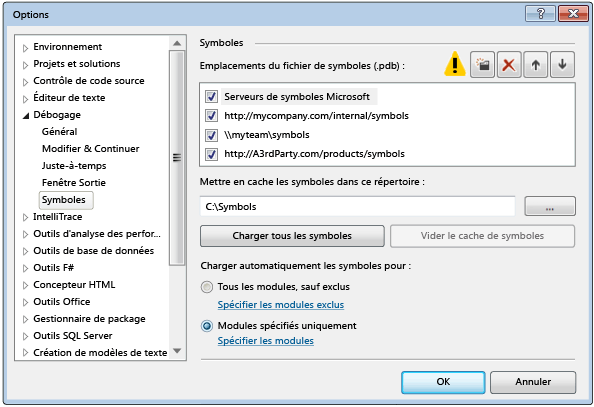 Page Outils - Options - Débogage - Symboles