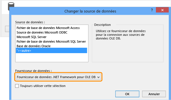 Sélectionner le fournisseur de données .NET Framework pour OLE DB