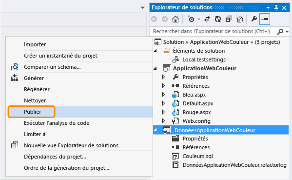 Publier le projet de base de données depuis l'Explorateur de solutions