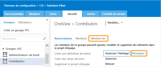 Page Sécurité, rôle de contributeur, autorisations