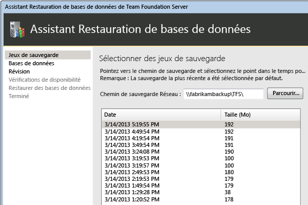 Choisir le chemin d'accès réseau, puis le jeu de restauration