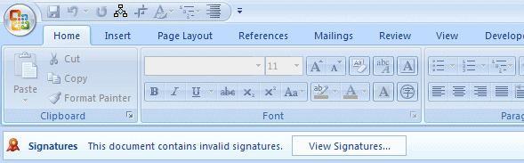 Warning when the digital signature is invalid