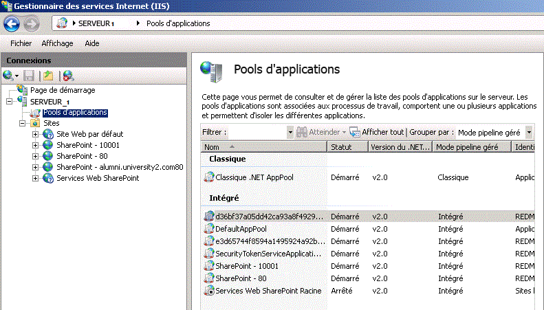 IIS qui affiche les sites Web et les pools d’application