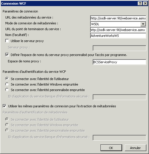Boîte de dialogue de connexion WCF