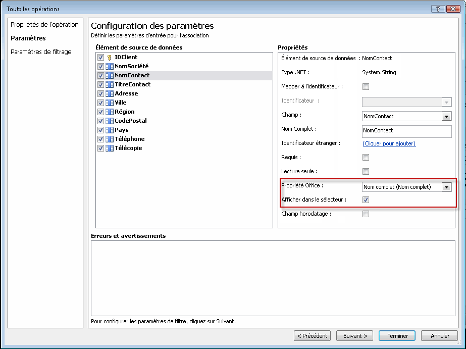 Mapper les propriétés sur les champs de contact Outlook